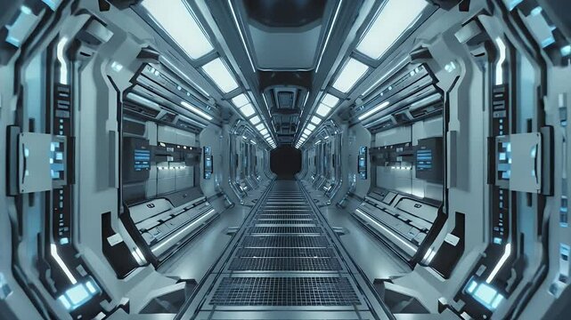 Futuristic spaceship corridor.  A long, sleek hallway with metallic walls and glowing blue lights.  The perspective is from inside, looking down the length of the corridor