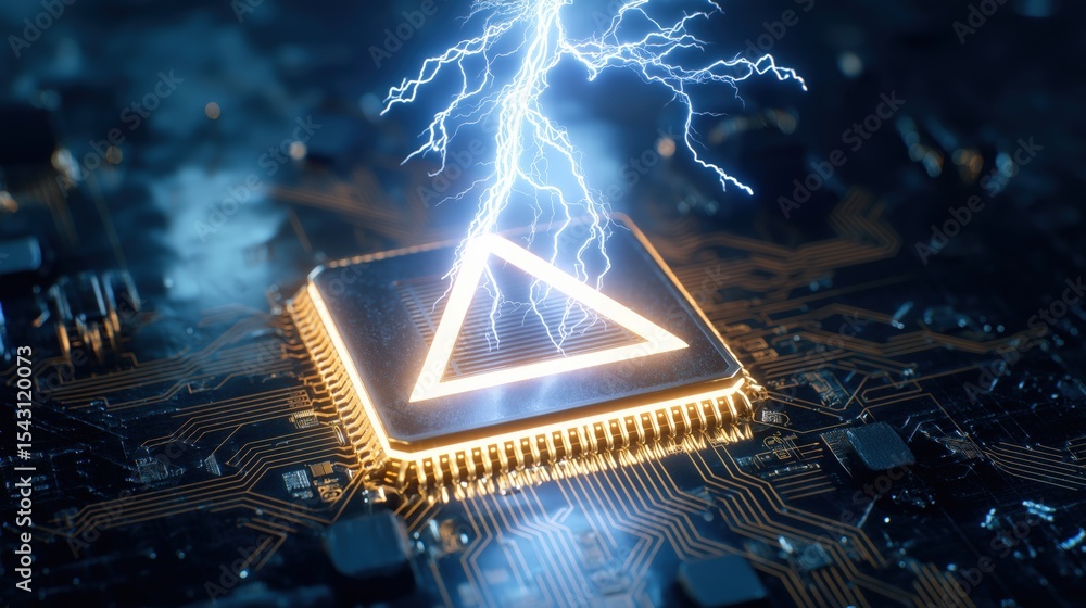 Poster digital storm: an electrifying image showcases a high-tech computer chip, symbolizing the raw power 