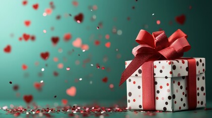 Obraz premium A charming gift box with a vibrant red bow, surrounded by scattering heart-shaped confetti, creating a joyful and celebratory atmosphere perfect for special occasions.