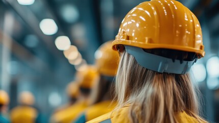 A group of workers wearing yellow hard hats in a large industrial space, symbolizing safety, teamwork, and professionalism in the construction industry.