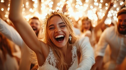 A radiant bride joyfully celebrating at her wedding reception, surrounded by friends and twinkling lights, capturing the essence of love and happiness in a festive ambiance.