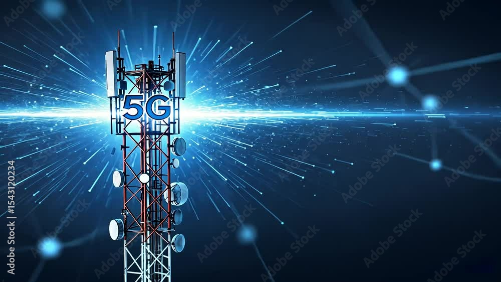 Poster tower structure radiating with blue light on a dark background symbolizing wireless communication an