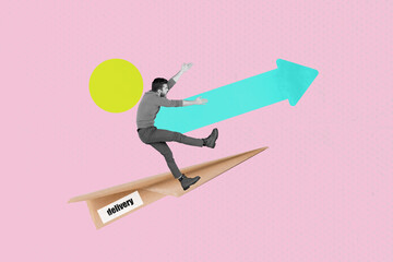 Sketch banner poster image art collage of happy girl guy carry delivery box arrow direction...