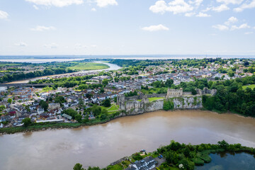 Chepstow and River Wye, South Wales beautiful aerial panorama, summer daytime