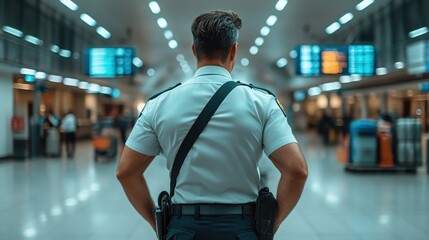 A focused and professional airport security officer stands guard, embodying safety and vigilance in a busy airport environment with travelers all around.