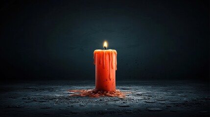A single orange candle with a flickering flame sits on a dark, rocky surface.