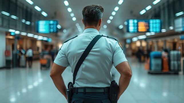 A focused and professional airport security officer stands guard, embodying safety and vigilance in a busy airport environment with travelers all around.