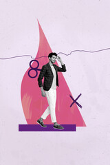 Art pop collage of man walk with wind key rotate on pink background
