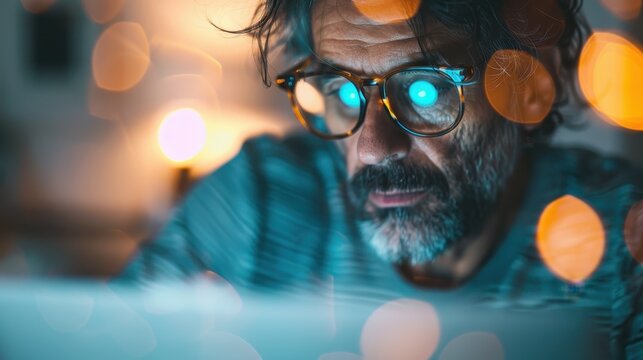 This image shows a thoughtful man with glasses absorbed in his laptop, surrounded by warm lights, capturing the essence of late-night creativity and productivity. - Powered by Adobe
