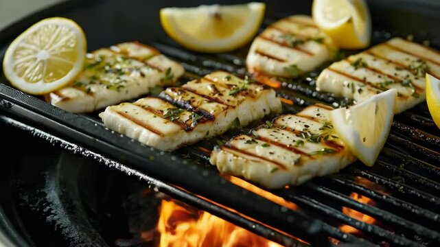 A tantalizing dish of grilled Cypriot halloumi cheese, served with fresh lemon wedges and a drizzle of olive oil. A delightful representation of Mediterranean cuisine