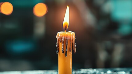 A single orange candle with a flickering flame and dripping wax sits on a dark surface.