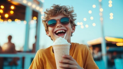 This joyful image of a child with curly hair savoring a milkshake evokes feelings of happiness and nostalgia, capturing the essence of carefree summer moments with a smile.