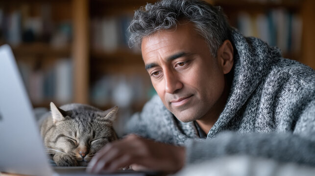 man working on laptop cat sitting on table