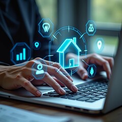 Business professional using laptop with futuristic real estate and home automation icons, showcasing innovation and digital transformation in property management