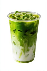 Iced matcha green tea latte in clear plastic cup with milk and ice isolated on white background
