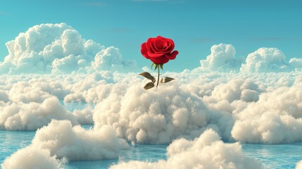 A red rose stands out against a backdrop of fluffy white clouds and a serene blue sky.