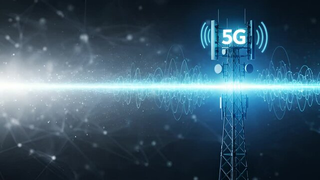 Illuminated 5G Telecommunication Tower against a Dark Background with Geometric Network and Light Streaks Represents Advanced Technology