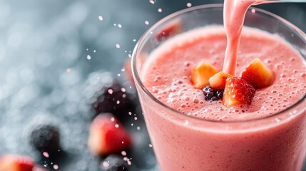 A tantalizing strawberry smoothie is being poured into a glass, decorated with fresh fruits, emphasizing health, flavor, and indulgence in refreshing beverages.