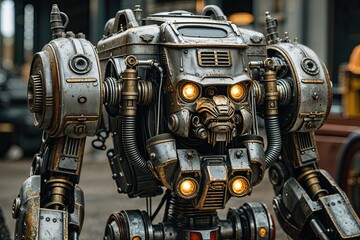 Fototapeta premium Dreadful Mech Beast with Aged Nickel, Pistons, and Conduits in Retro Designs