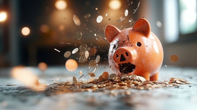 A lively image of a piggy bank shattering with coins spilling out, symbolizing financial freedom, saving, and the excitement of achieving one's financial goals.