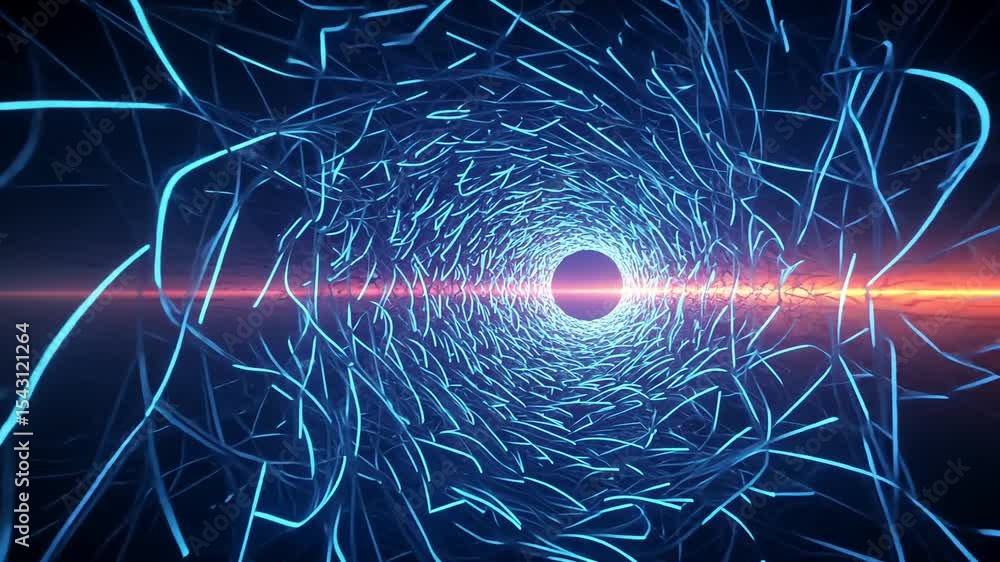 Poster abstract blue light tunnel with glowing lines and red horizon futuristic data stream and energy conc