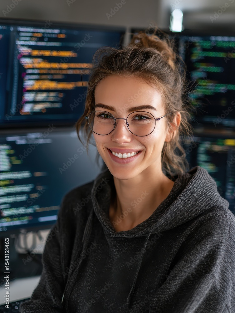 Poster a smiling young woman programmer sits before computer screens displaying code.