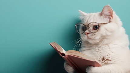 This adorable white cat, wearing stylish glasses, attentively reads a pink book against a striking turquoise background, symbolizing curiosity and playfulness.