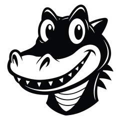 Smiling cartoon alligator head is rendered in a simple black and white vector