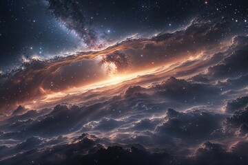 Fototapeta premium Dynamic Cosmic Storm Rippling Across a Nebula Landscape in a Starry Night Universe