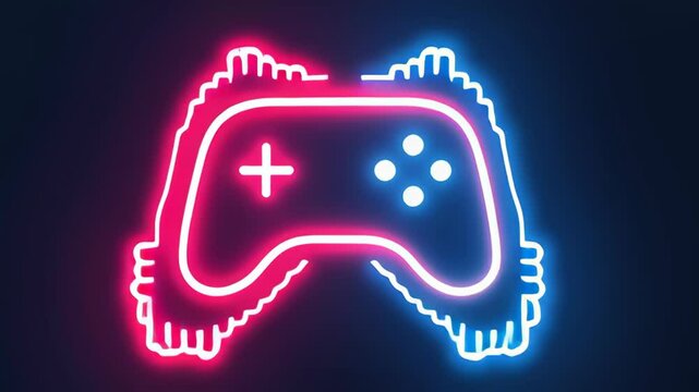 A glowing red and blue neon gamepad icon with a glitch reveal animation on a dark background. Video game and streaming culture concept. Use for esports branding or a tech event promotion