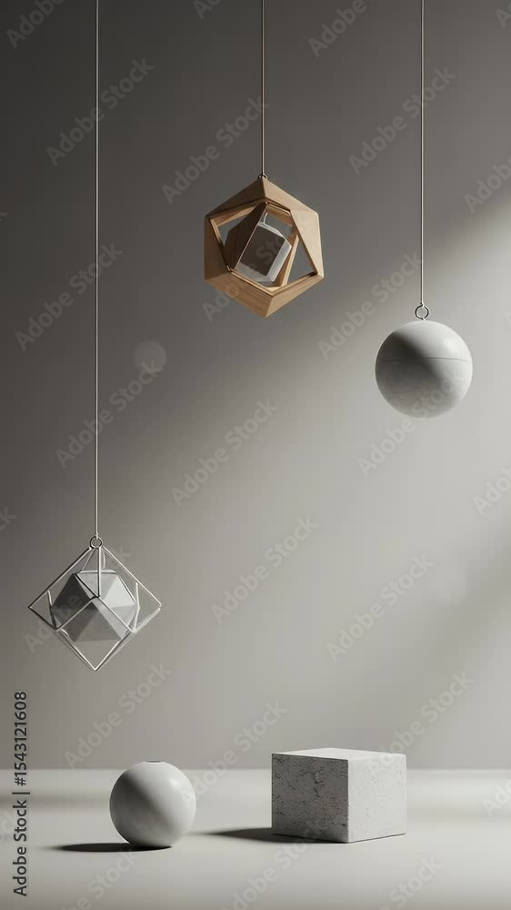 Poster abstract 3d geometry shapes rendering hanging ornaments gray background