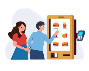 People wait for ordering food using self-service kiosk terminal contactless payment technology vector illustration