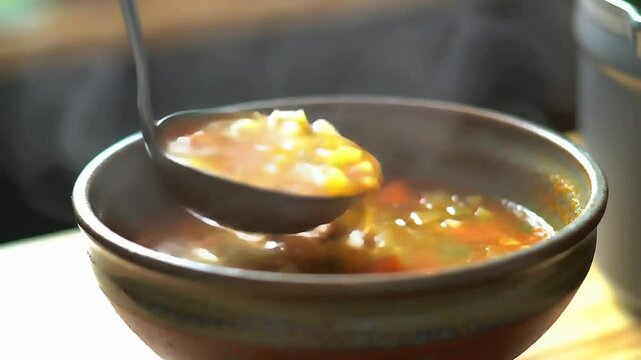 A pot of soup ladled into a bowl