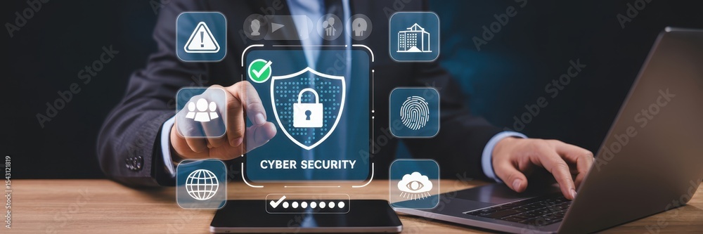 Poster person interacting with a cyber security interface.