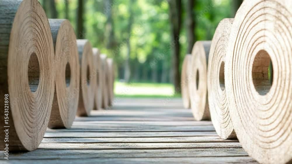 Poster Wooden Discs Pathway: A serene path lined with concentric wooden discs, creating a visually captivating and intriguing perspective in a tranquil park setting.
