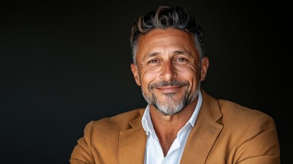 A charismatic man with a beard and curly hair warmly smiling, emanating confidence and approachability against a dark, neutral background that adds depth to the portrait.