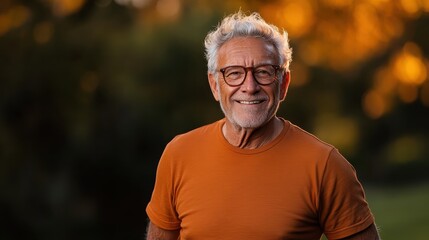 A smiling elderly man with gray hair and glasses stands outdoors in a golden light, exuding warmth and wisdom, representing joy in life's later years.