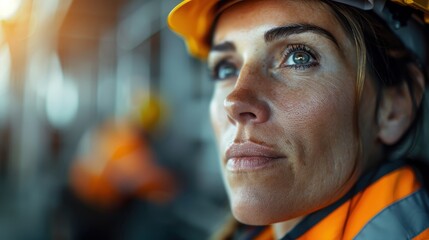 A determined female construction worker in safety gear gazes into the distance, embodying strength and resilience. The vivid colors highlight her commitment to her work.