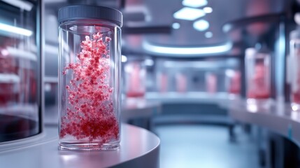 A futuristic-looking display jar containing a vibrant molecular structure suggests advanced scientific research, innovation, and the quest for knowledge in biotechnology.