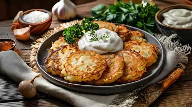 Belarusian draniki, thick and crispy potato pancakes on a traditional plate, served with a dollop of sour cream. A beloved Belarusian comfort food