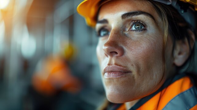 A determined female construction worker in safety gear gazes into the distance, embodying strength and resilience. The vivid colors highlight her commitment to her work.