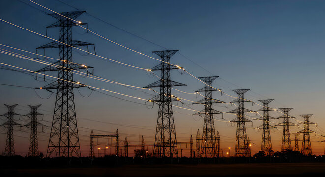 High-voltage electrical tower transmits power across vast distances. The powerful energy infrastructure symbolizes electricity supply, transmission networks, and industrial strength