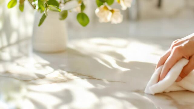 Hand cleaning marble kitchen countertop with soft cloth in sunlit kitchen