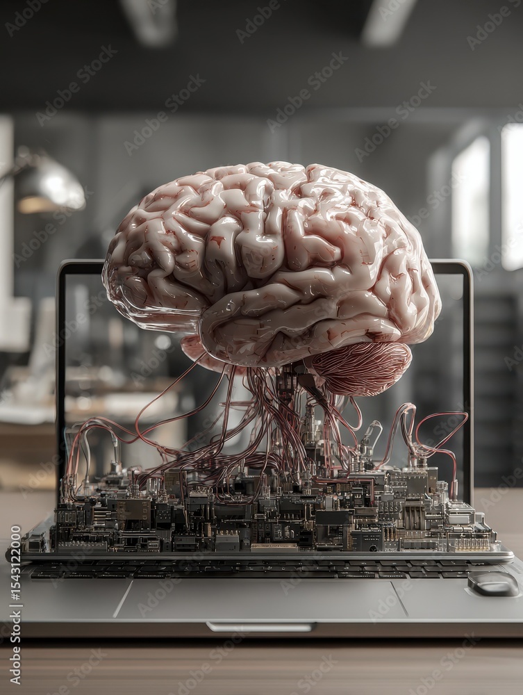 Poster ai and ml innovations powered by deep networks, a brain hovers above a laptop, symbolizing creativit