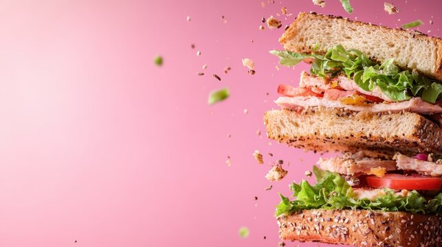 A stunning sandwich is shown in mid-air with fresh ingredients exploding around it, highlighting the vibrant colors and textures that evoke taste and culinary excitement.