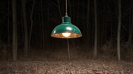 A green lamp hangs from a tree in a forest.