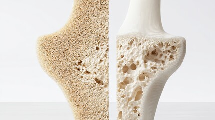 Naklejka premium Photorealistic 3D comparison of healthy vs osteoporotic human bone cross-sections, showcasing anatomical contrast in density and structure for bone health awareness and medical education