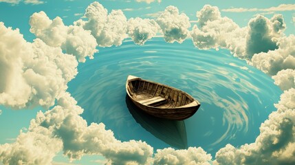 A small wooden boat floats in a vast blue ocean, surrounded by fluffy white clouds.