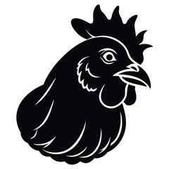 Sleek monochrome chicken visage shows stylized feathers and wattle with detailed beak and eye