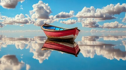 A small red boat floats on a calm body of water, surrounded by clouds and reflected in the water.